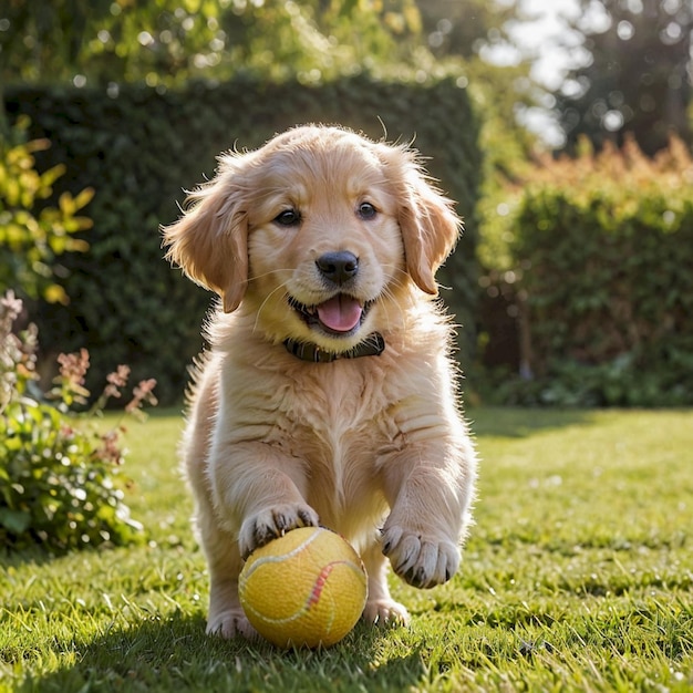 a puppy playing with a ball in the grass