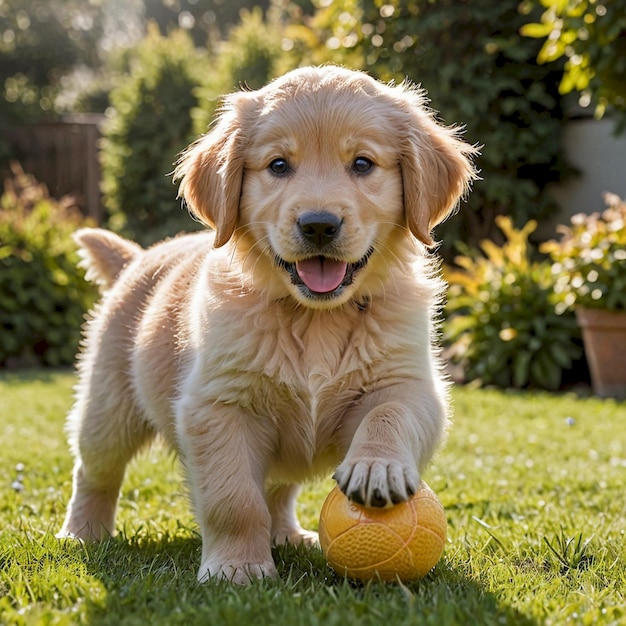 Photo a puppy playing with a ball in the grass