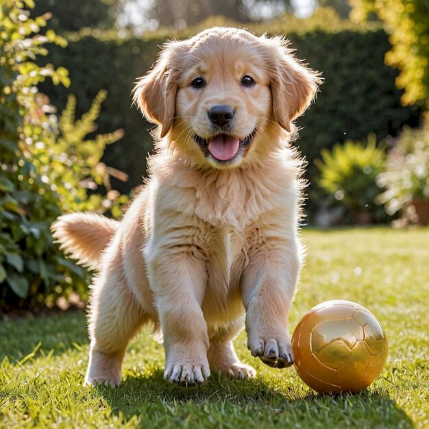 a puppy playing with a ball in the grass