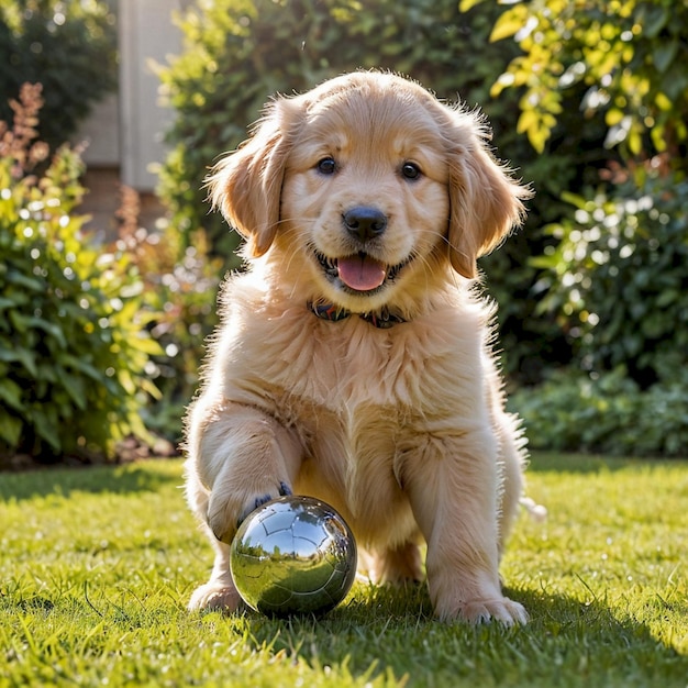 a puppy playing with a ball in the grass