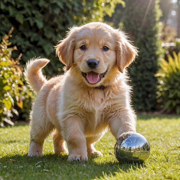 a puppy playing with a ball in the grass