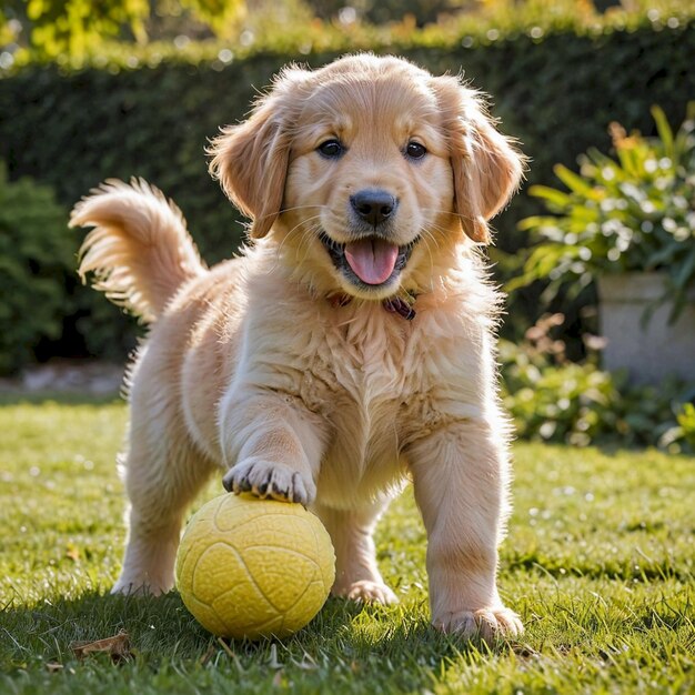 a puppy playing with a ball in the grass