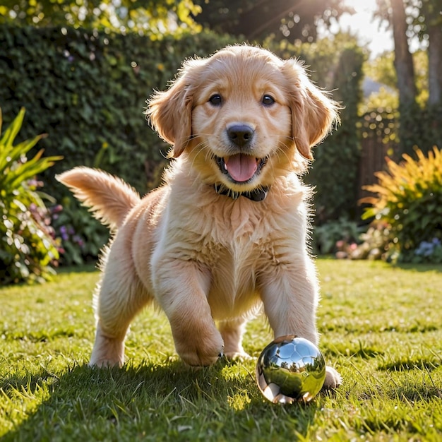 a puppy playing with a ball in the grass