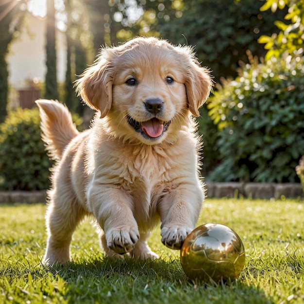 a puppy playing with a ball in the grass