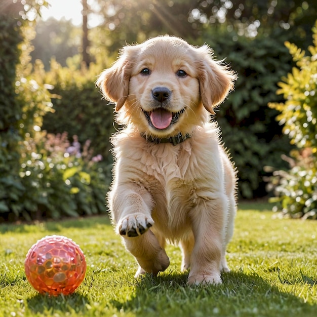 a puppy playing with a ball in the grass