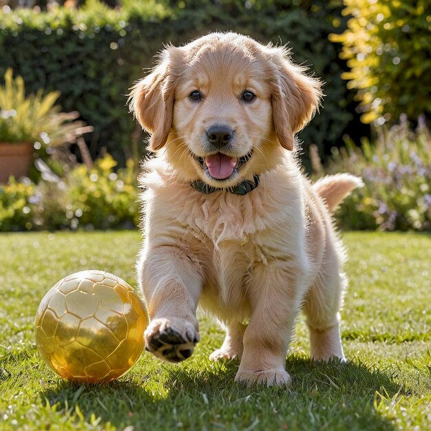 Photo a puppy playing with a ball in the grass