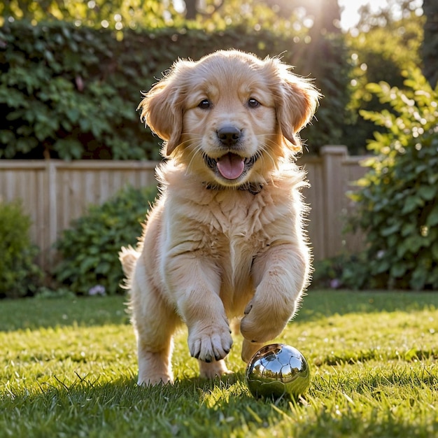 a puppy playing with a ball in the grass