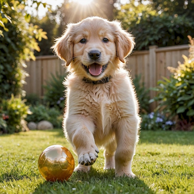 a puppy playing with a ball in the grass