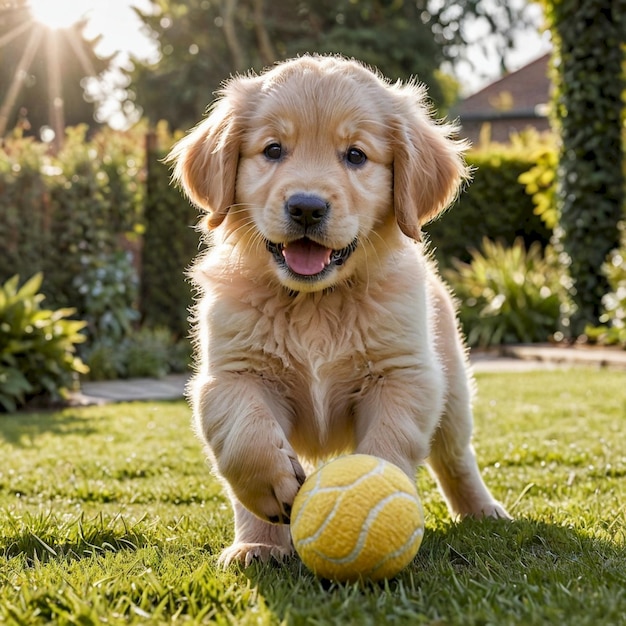 a puppy playing with a tennis ball in the grass