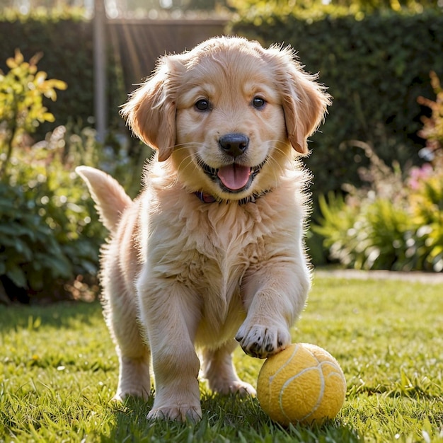 a puppy playing with a yellow ball in the grass