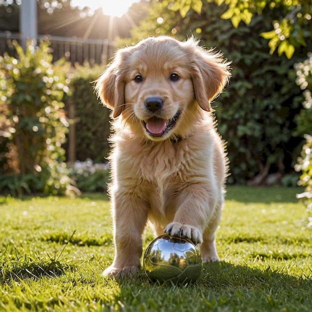 a puppy playing with a yellow ball in the grass