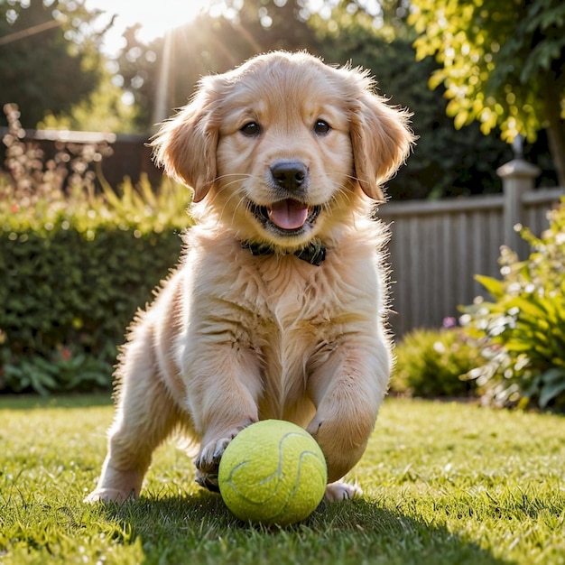 a puppy playing with a yellow ball in the grass