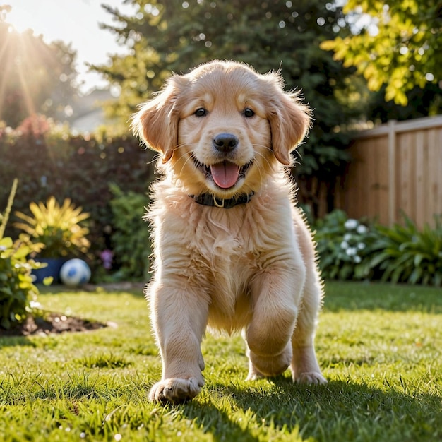 a puppy playing with a yellow ball in the grass