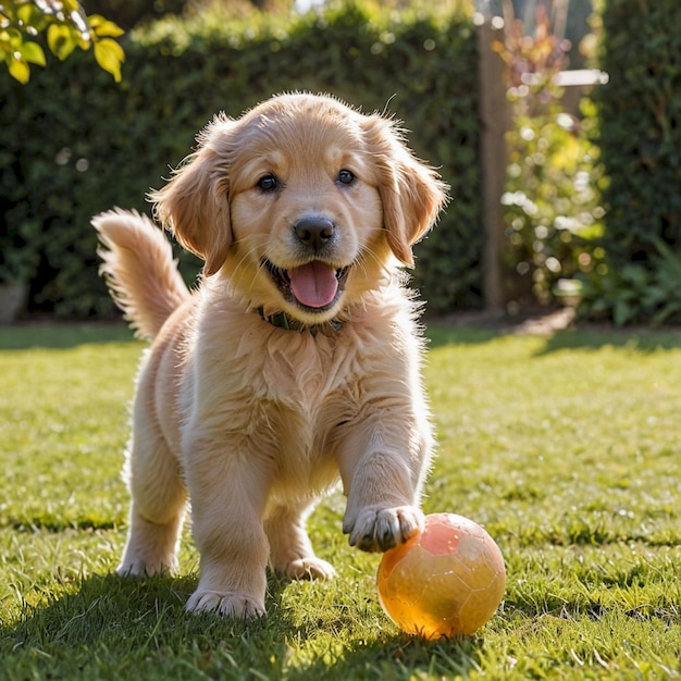 a puppy playing with a yellow ball in the grass