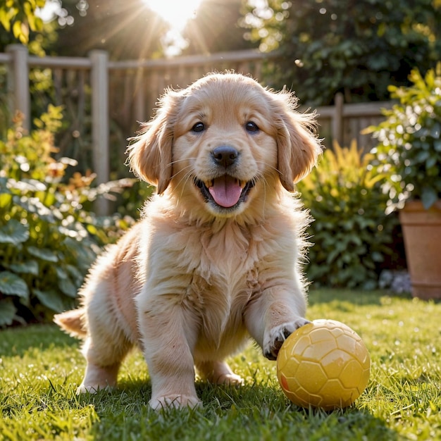 a puppy playing with a yellow ball in the grass