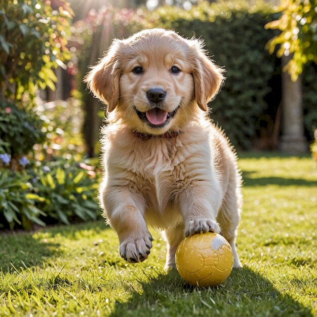 a puppy playing with a yellow ball in the grass