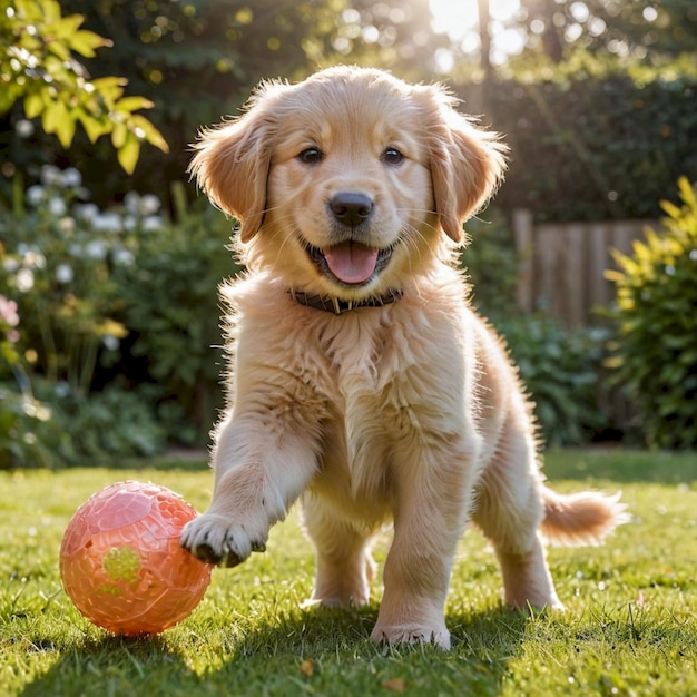 a puppy playing with a yellow ball in the grass