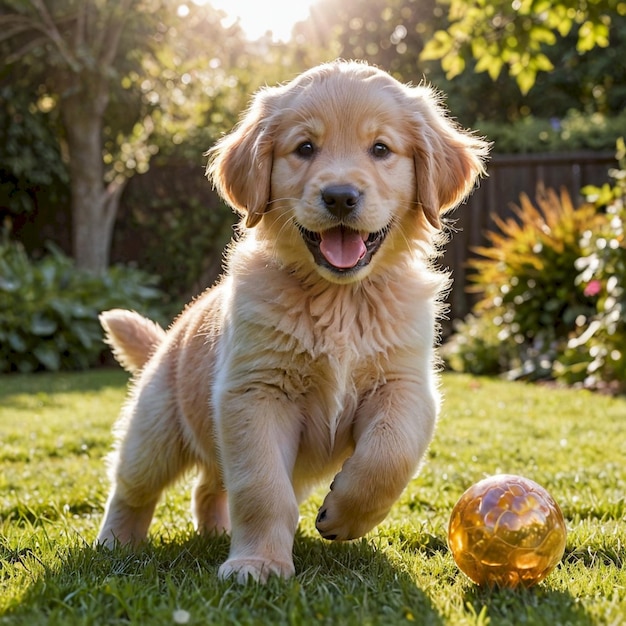 a puppy playing with a yellow ball in the grass