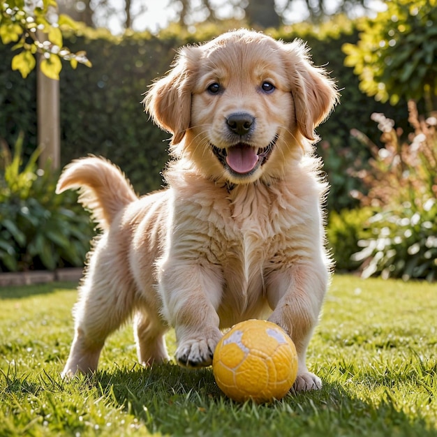 a puppy playing with a yellow ball in the grass