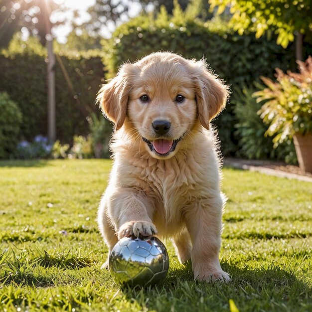 a puppy playing with a yellow ball in the grass