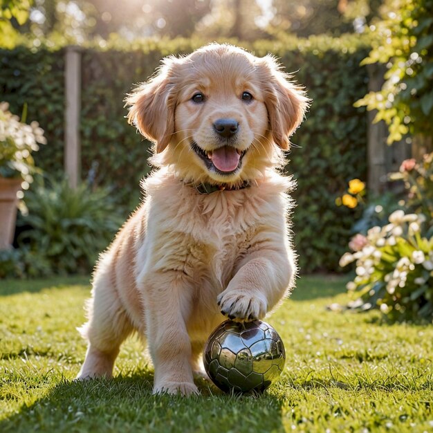 a puppy playing with a yellow ball in the grass