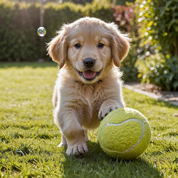 Photo a puppy playing with a yellow ball in the grass