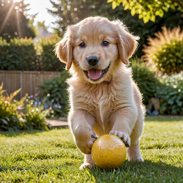 a puppy playing with a yellow ball in the grass