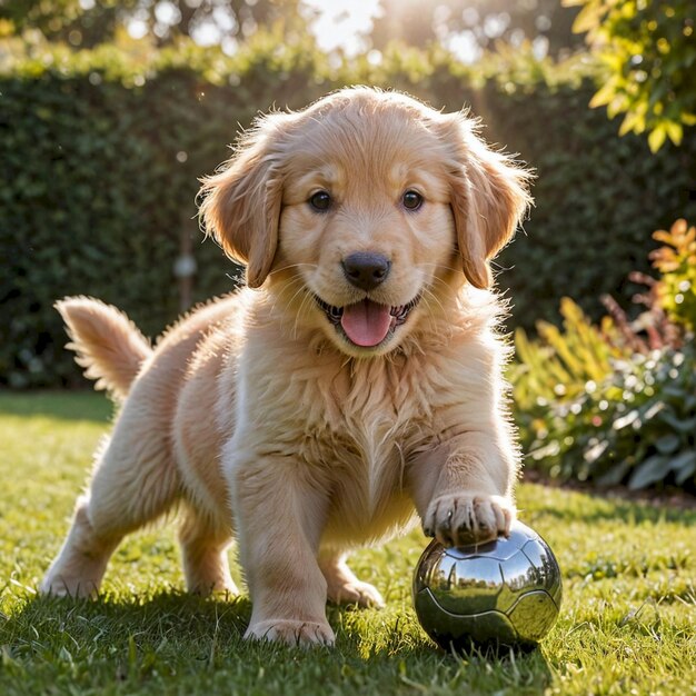 Photo a puppy playing with a yellow ball in the grass