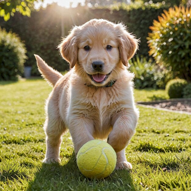 a puppy playing with a yellow ball in the grass