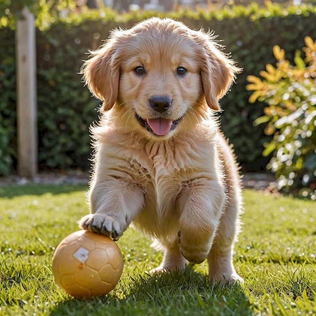 Photo a puppy playing with a yellow ball in the grass