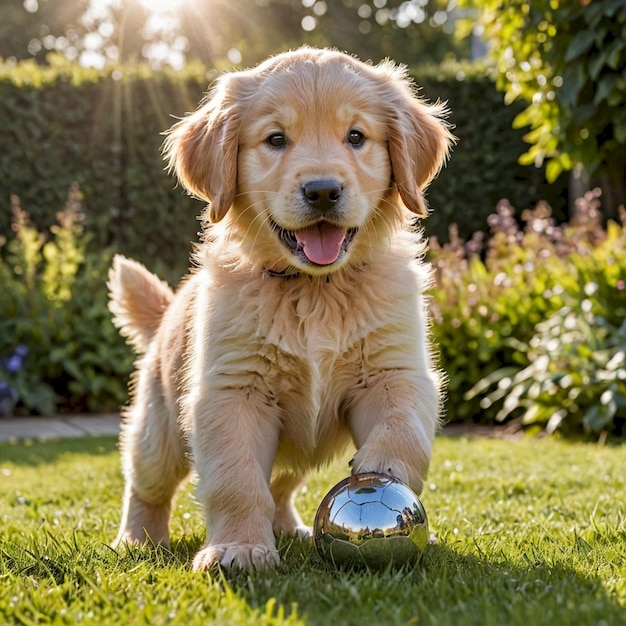 a puppy playing with a yellow ball in the grass