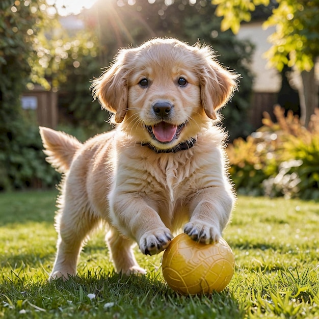 Photo a puppy playing with a yellow ball in the grass