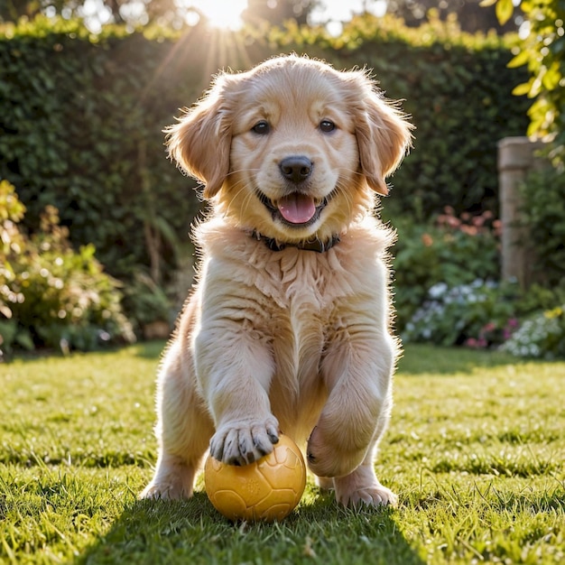 a puppy playing with a yellow ball in the grass