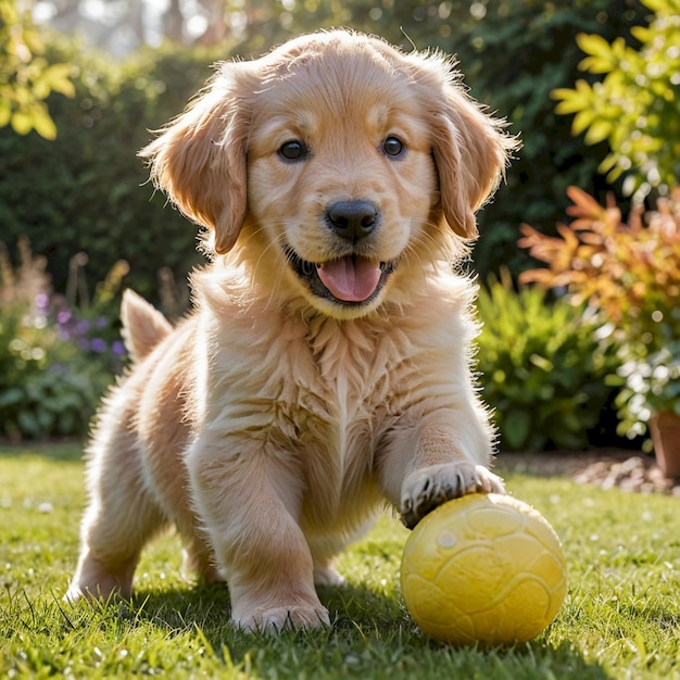 a puppy playing with a yellow ball in the grass