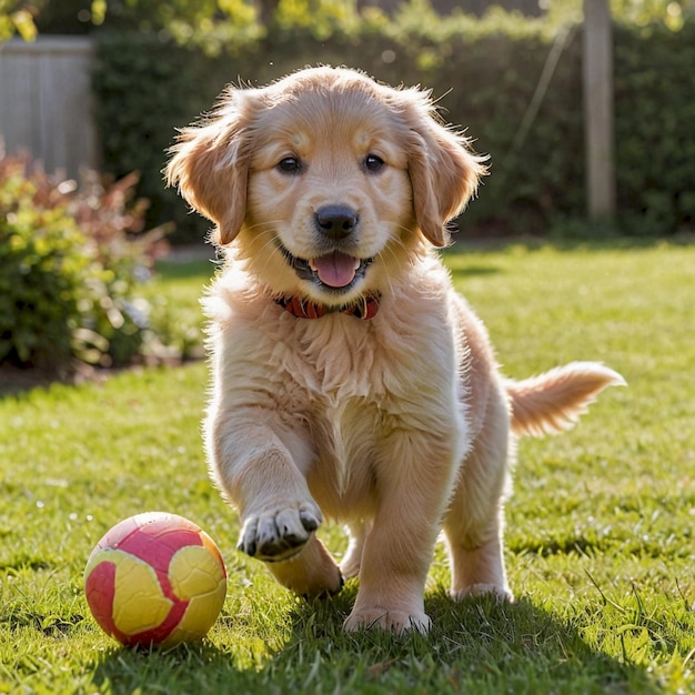 a puppy playing with a yellow ball in the grass