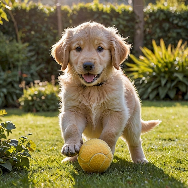 a puppy playing with a yellow ball in the grass