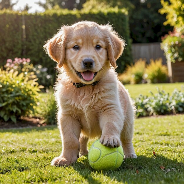 a puppy playing with a yellow ball in the grass