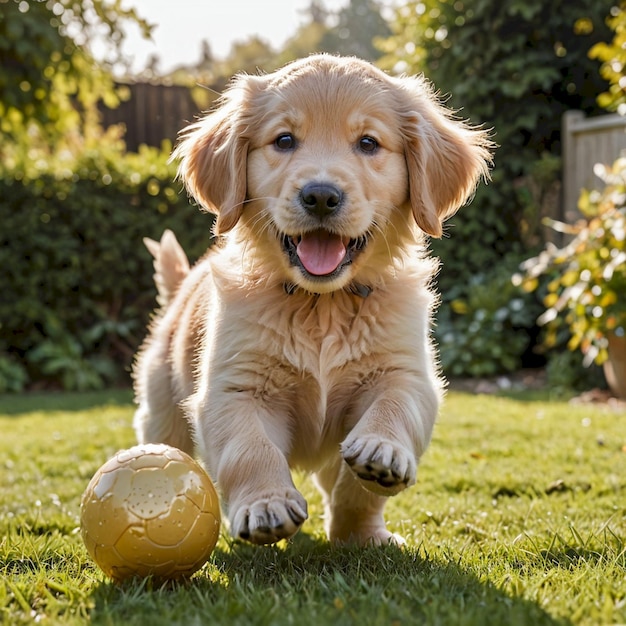 a puppy playing with a yellow ball in the grass