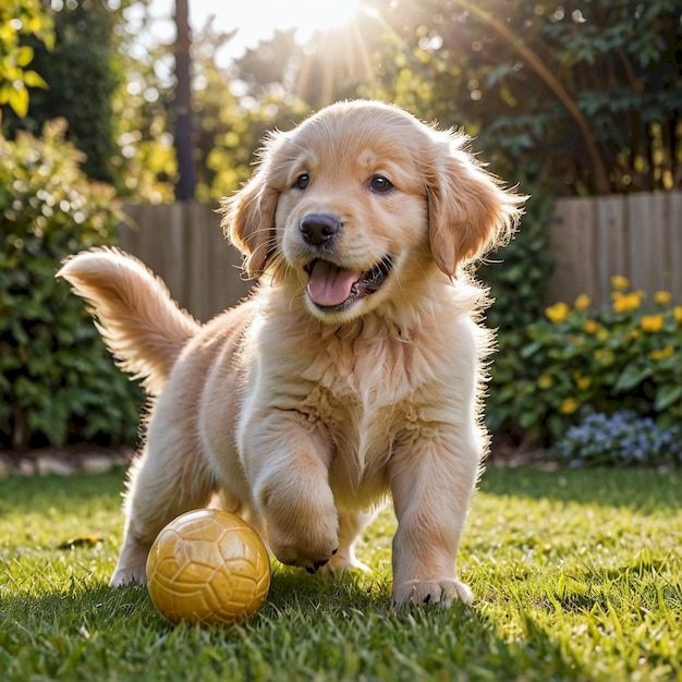 a puppy playing with a yellow ball in the grass