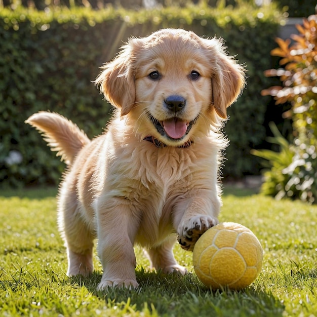 Photo a puppy playing with a yellow ball in the grass