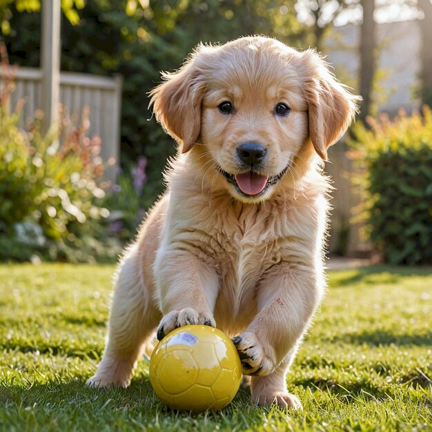 a puppy playing with a yellow ball in the grass