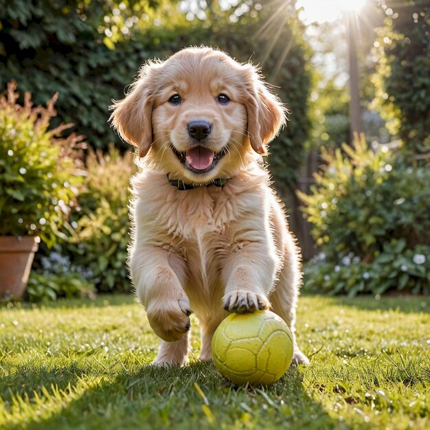 a puppy playing with a yellow ball in the grass