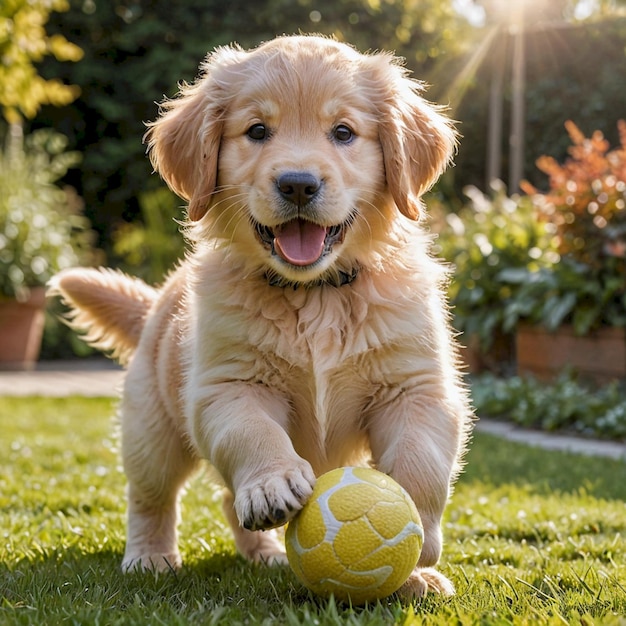 a puppy playing with a yellow ball in the grass