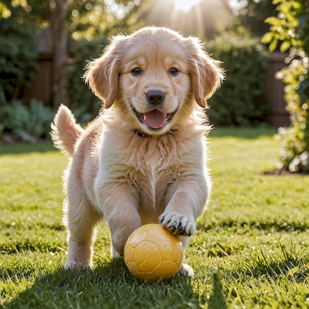 a puppy playing with a yellow ball in the grass