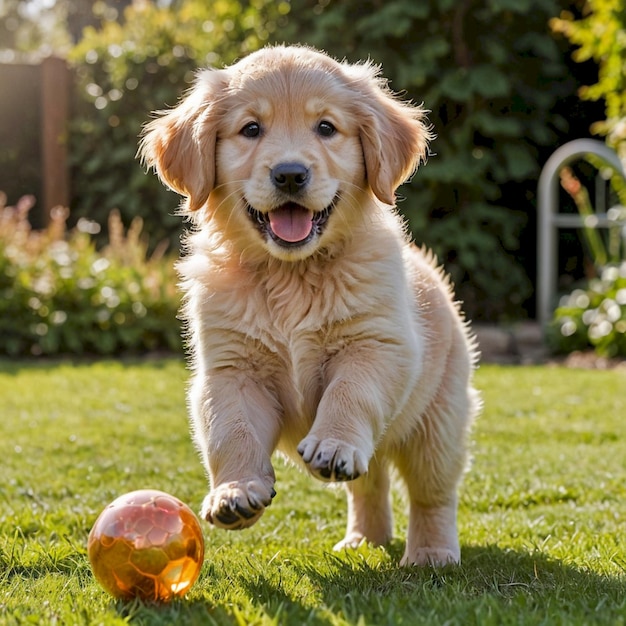 a puppy playing with a yellow ball in the grass