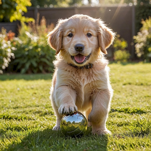 a puppy playing with a yellow ball in the grass