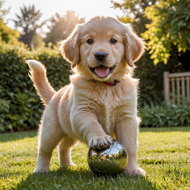 a puppy playing with a yellow ball in the grass