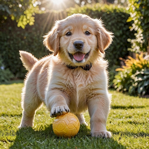 a puppy playing with a yellow ball in the grass