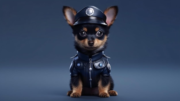 A puppy in a police uniform sits on a blue background.