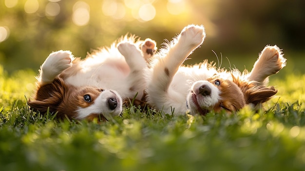 a puppy and a puppy are lying on the grass